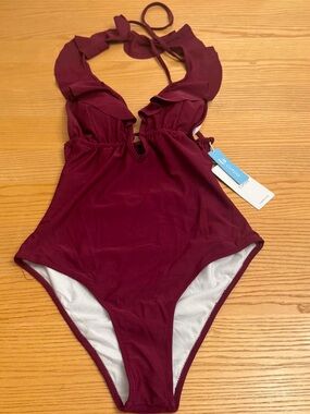 Cupshe Burgundy Ruffle Halter Women One-Piece Swimsuit S